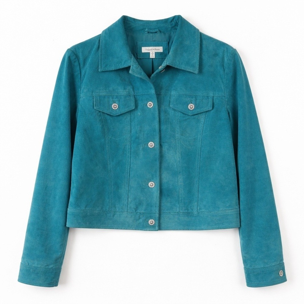 Turquoise Blue Suede Leather Jacket Rhinestone Colorblock Dopamine Women size 8